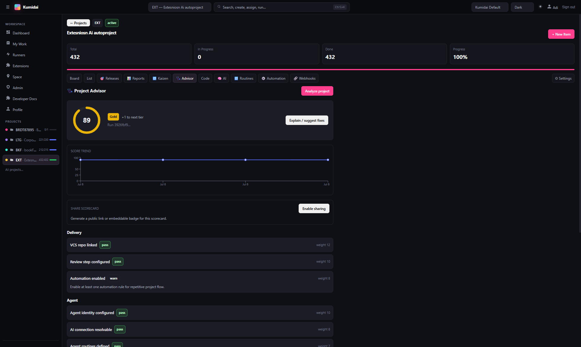 Project Advisor scorecard showing gold tier and quality gates